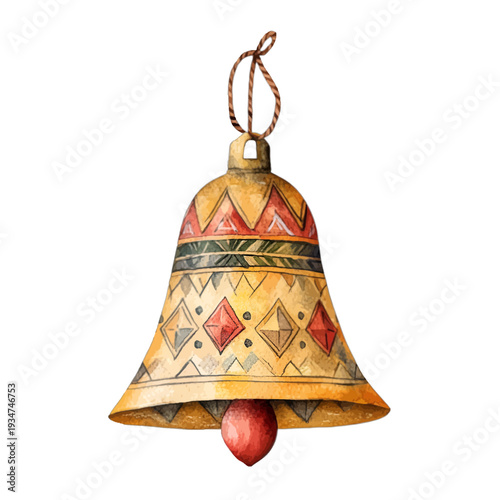 Watercolor Folk Art Christmas Bell with Geometric Patterns and Red Clapper Clipart