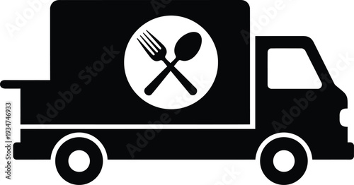 Food delivery truck featuring a fork and spoon cutlery symbol. Food delivery apps, catering services, or restaurant websites icon.