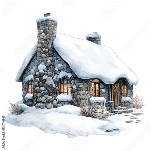 Watercolor Winter Stone Cottage with Snowy Roof and Glowing Windows Clipart