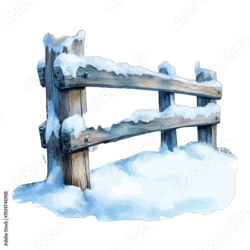 Rustic watercolor wooden fence covered in heavy winter snow
