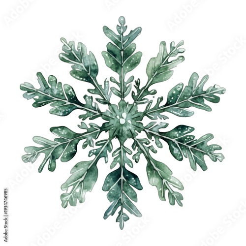 Watercolor Green Foliage Snowflake with Oak Leaf Texture Winter Botanical Clipart