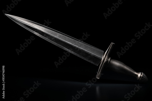 Professional studio shot of a medieval rondel dagger with a textured metal blade and hilt isolated on a black background with dramatic lighting and sharp edges
