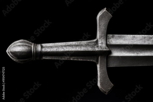 Authentic medieval rondel dagger from Central Europe with realistic corroded metal texture and historical patina isolated on a black background, documentary style