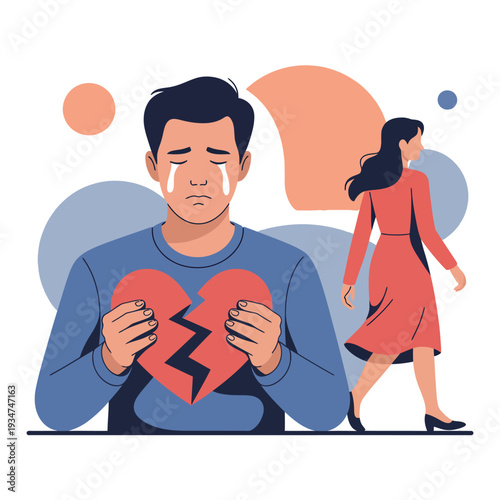 Crying man holds broken heart halves as a sad woman walks away from the relationship.