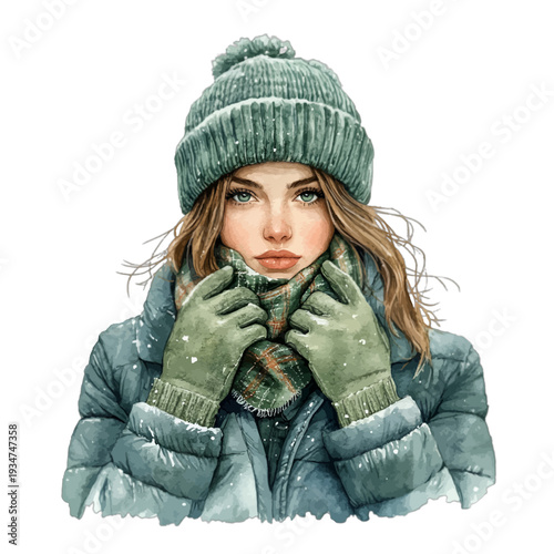 Watercolor Winter Portrait of Young Woman in Puffer Jacket Green Beanie and Gloves Clipart