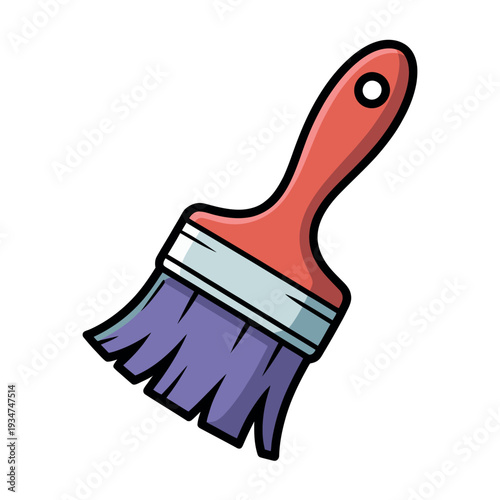 Paintbrush with red handle and purple bristles rests ready for creative application on a surface.