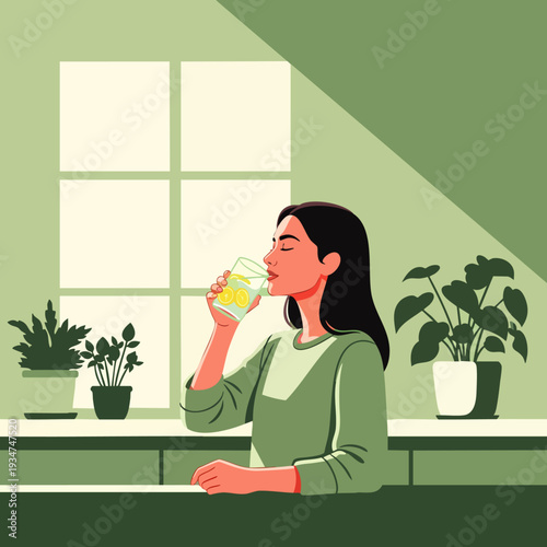 Illustration of a woman drinking water in a cozy green room, emphasizing health, wellness, and a tranquil lifestyle.