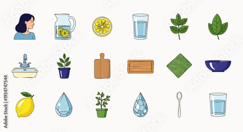 Set of vector illustrations depicting healthy lifestyle and kitchen essentials like water, lemons, plants, sink, and cooking tools.