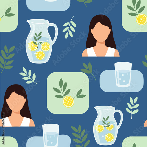 Vibrant seamless pattern featuring pitchers of lemon water, drinking glasses, and women, emphasizing healthy hydration, freshness, and wellness.