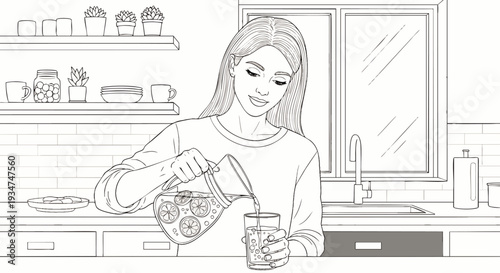 Happy young woman in a contemporary kitchen pouring a pitcher of fresh lemonade into a glass, healthy lifestyle concept.