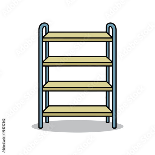 Simple four-shelf storage unit with light wood planks and blue metal frame on white floor.