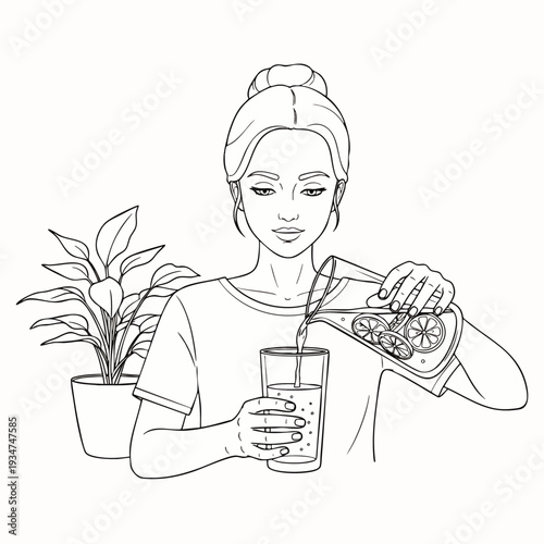 Young woman pouring refreshing lemonade into a glass, promoting healthy hydration and a relaxed lifestyle. Black and white line art illustration.