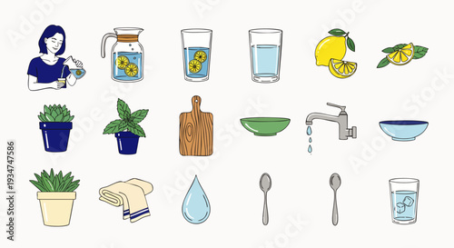 Hand-drawn illustration set: healthy hydration, fresh lemons, potted plants, kitchen items, water elements, and a woman preparing a refreshing drink.