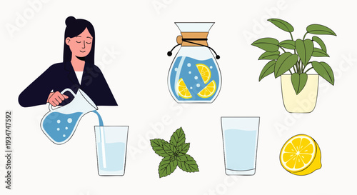 Healthy hydration lifestyle elements: woman pouring water, refreshing lemon drink, potted plant, and fresh ingredients vector illustration