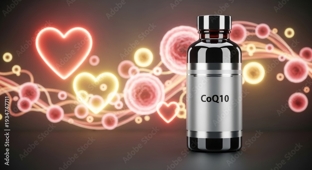 Naklejka premium CoQ10 supplement bottle with glowing hearts and cellular structures symbolizing heart health and biological function against a dark background, vibrant and glowing elements