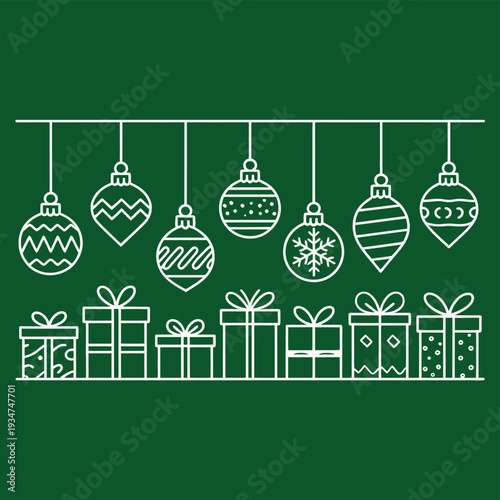 White outline icons of hanging Christmas ornaments and wrapped gift boxes border a dark green.
