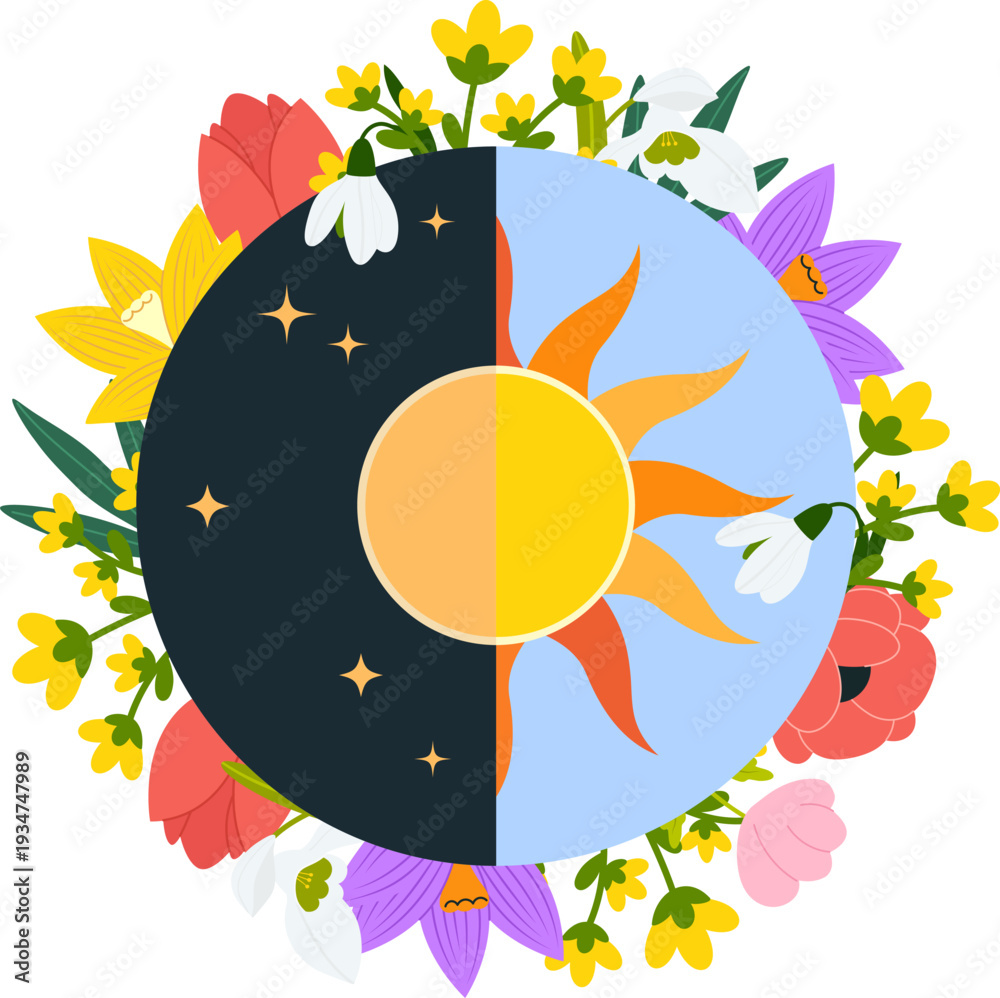 Naklejka premium Spring equinox concept illustration with sun and moon representing day and night equality. 
