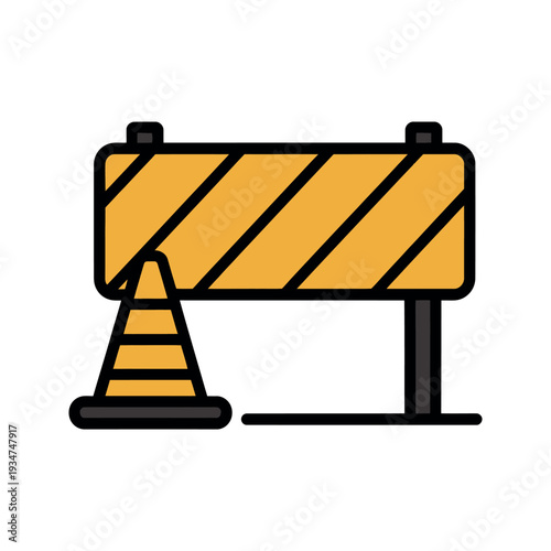 Construction warning barrier and traffic cone signify a temporary road closure or hazard alert.