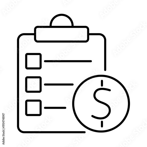 Shopping or acquisition list pictogram, checklist and dollar coin. Vector linear geometric illustration for deal.