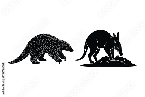 Pangolin and Aardvark Silhouettes - Unique Nocturnal African Mammal Vectors