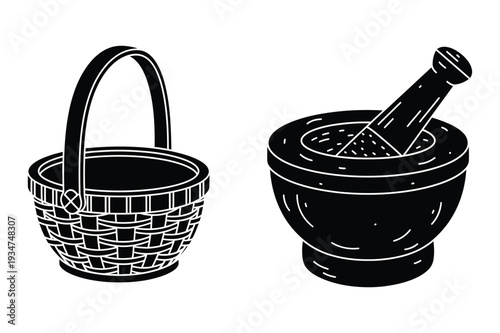 Woven Basket and Mortar Pestle - Traditional Kitchen & Craft Tools Vector Set