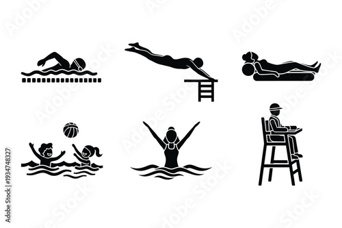 Swimming Pool Activities Icons Set: Water Sports, Lifeguard, and Relaxing