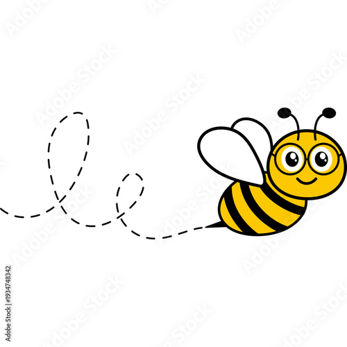 Flying bee with dotted path. Cute bumblebee with glasses. Vector isolated illustration.