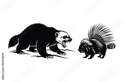 Aggressive Wolverine and Porcupine Silhouettes: Wild Animals Vector