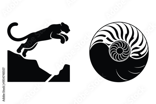 Majestic Jumping Panther and Elegant Nautilus Shell Silhouette
