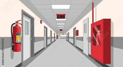 Illustrated Hospital Corridor Featuring Fire Safety Equipment and Emergency Exits