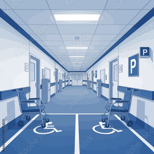 Illustrated Hospital Corridor Featuring Wheelchair Access and Designated Parking Spaces