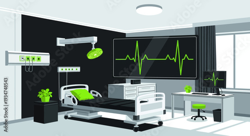 Illustrated Hospital Room Depicting Healthcare, Technology, And Medical Monitoring