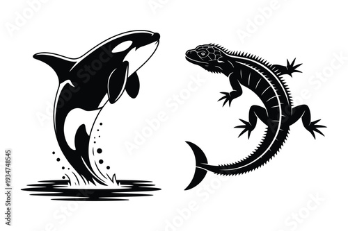 Majestic Orca Jumping and Detailed Iguana Reptile Silhouettes