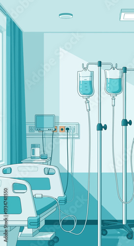 Illustrated Hospital Room Depicting Medical Equipment and Intravenous Fluid Administration Process