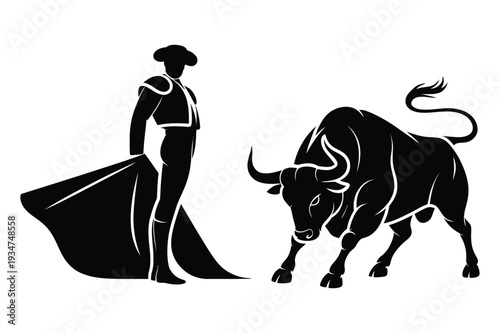 Matador with Cape and Charging Bull Spanish Culture Icons