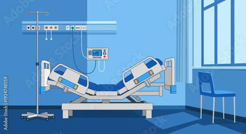 Illustrated Hospital Room Depicting Modern Healthcare Technology and Patient Care Facilities