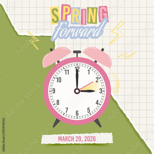 Spring Forward Daylight Saving Time March 29, 2026 collage style square banner