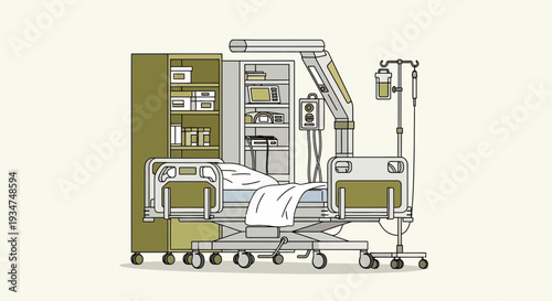Illustrated Hospital Room Depicting Patient Care And Modern Medical Treatment