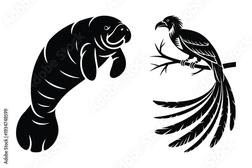 Manatee and Long-Tailed Bird Silhouette Vector Illustration