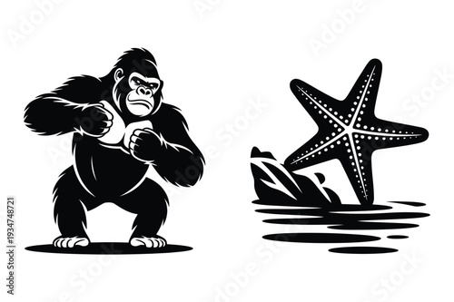 Strong Gorilla Punching Pose & Marine Starfish Silhouette Vector