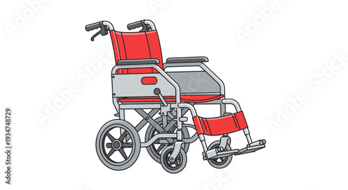 Illustrated Red Wheelchair Isolated Against White Background, Medical Equipment