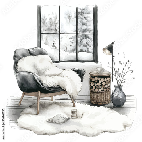 Cozy winter interior with black armchair white fur rug and snow window