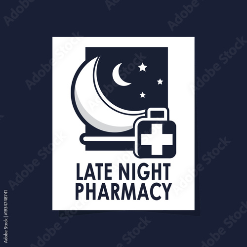 Illustrated Late Night Pharmacy Emblem Depicting Moon, Stars, and Medical Symbolism
