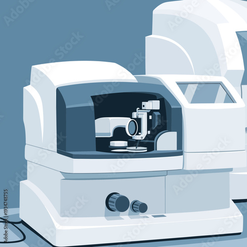 Illustrated Rendering of Advanced Microtome Equipment Depicting Scientific Precision and Detailed