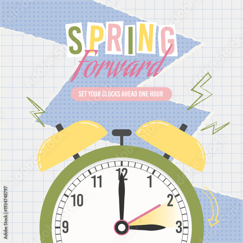 Spring Forward Daylight Saving Time square banner design alarm clock on grid torn paper notebook