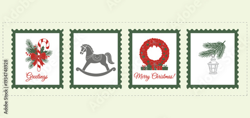 Christmas postage stamp collection, vintage holiday illustrations with wreath, rocking horse and festive greetings