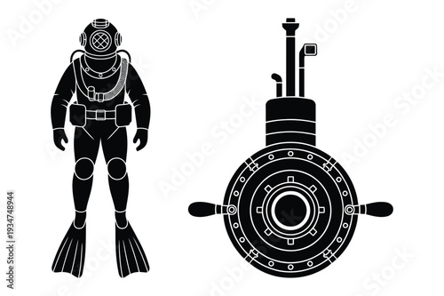 Vintage Diver and Submarine Porthole Silhouette Vector Illustration