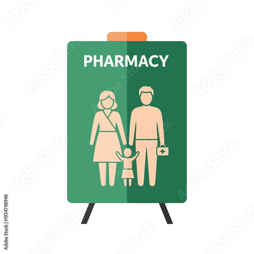 Illustrated Signage Depicting Family and Pharmacy Symbol for Healthcare and Medical Services