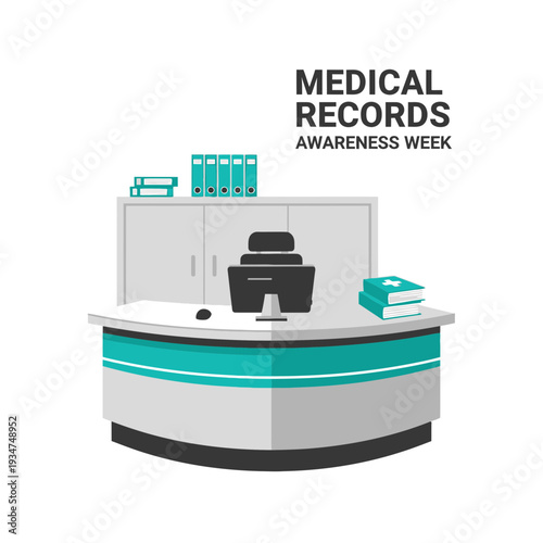 Illustrated Medical Records Awareness Week Concept: Modern Desk, Computer, And Filing Cabinet