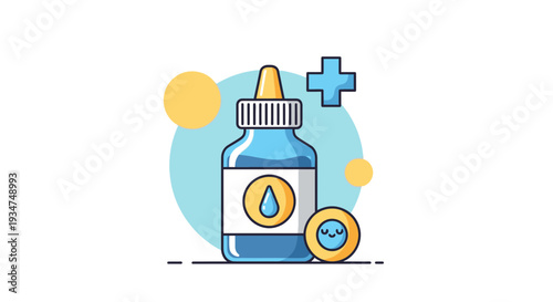 Illustrated Medicine Bottle And Cartoon Emoticon With Blue Cross Sign